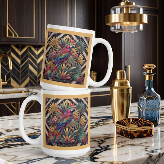 The 'Havana Gold Deco' 15 oz. Ceramic Art Mug – Tropical Elegance in Jewel Tones & Gold