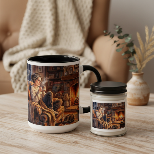 The "Cozy Night In" Essentials. Cocoa/Coffee Mug and Candle Bundle.