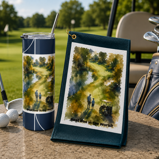 "Best Dad in the World" Premium 2-Piece Golf Gift Set (Towel & Insulated Tumbler)