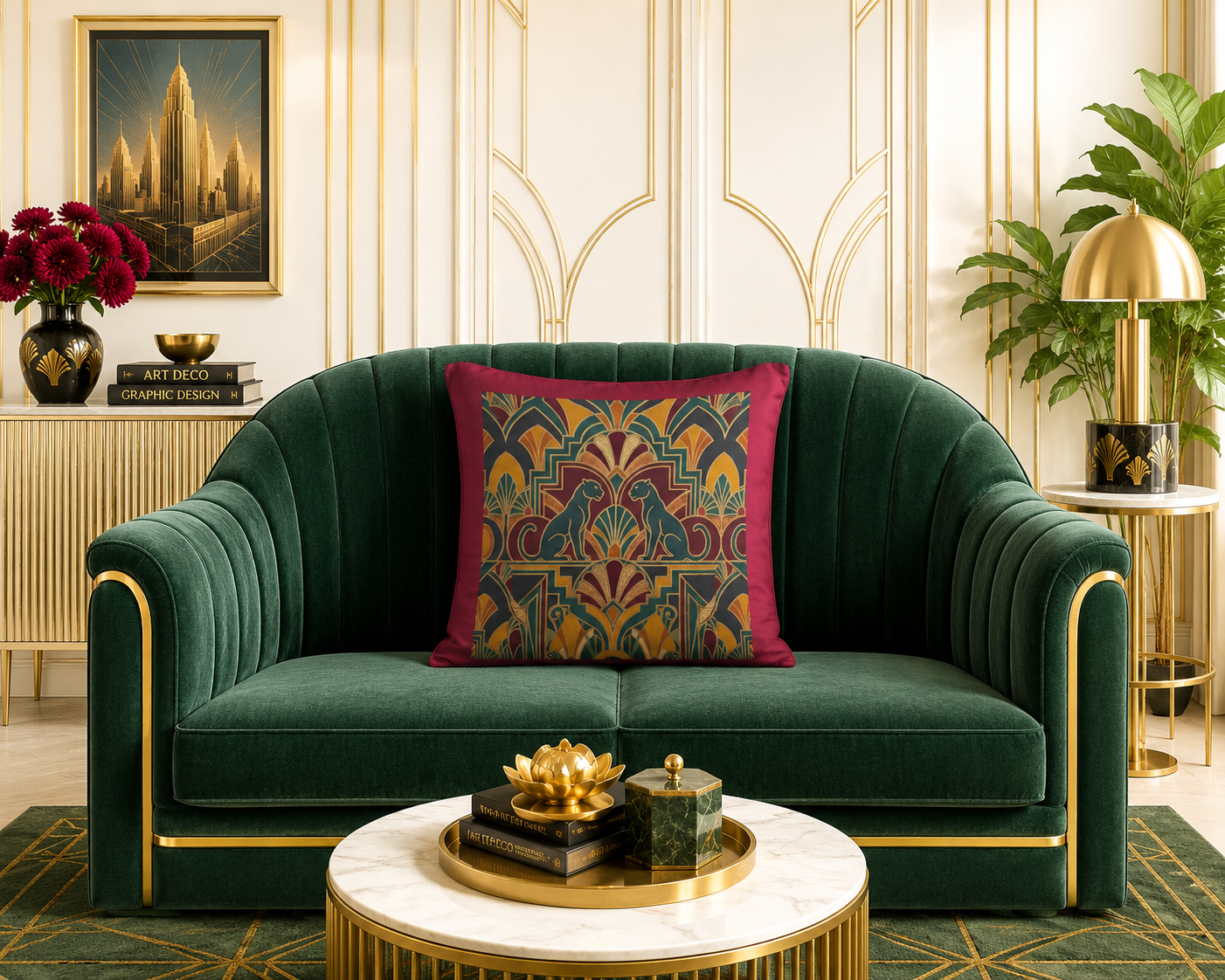 Midnight Panther Fusion Premium Throw Pillow – Luxury 1930s Art Deco Accent