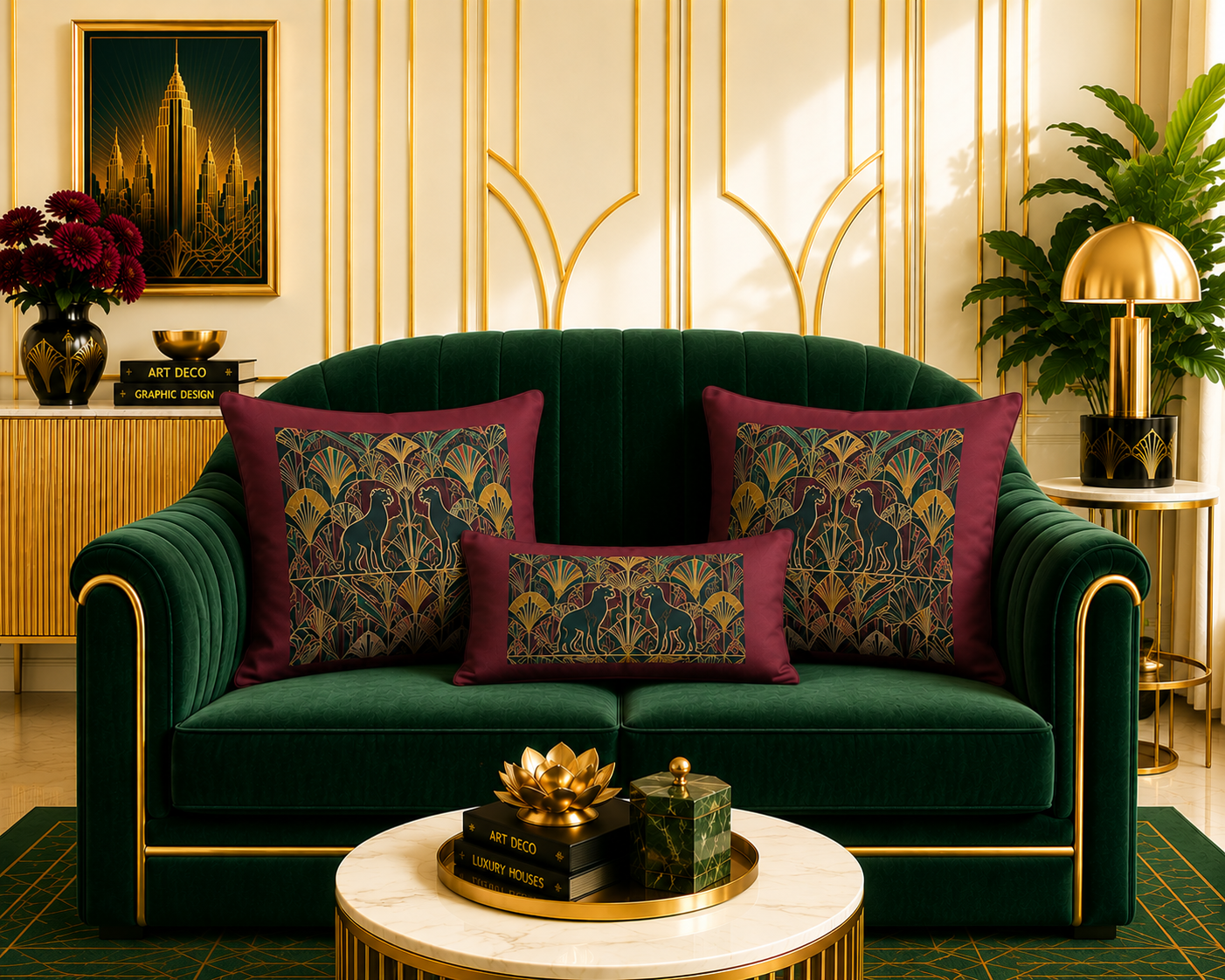 Midnight Panther Fusion Premium Throw Pillow – Luxury 1930s Art Deco Accent