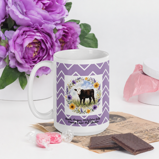 Watercolor Black Angus Holstein Mix Calf Geometric Floral Mug - 15oz