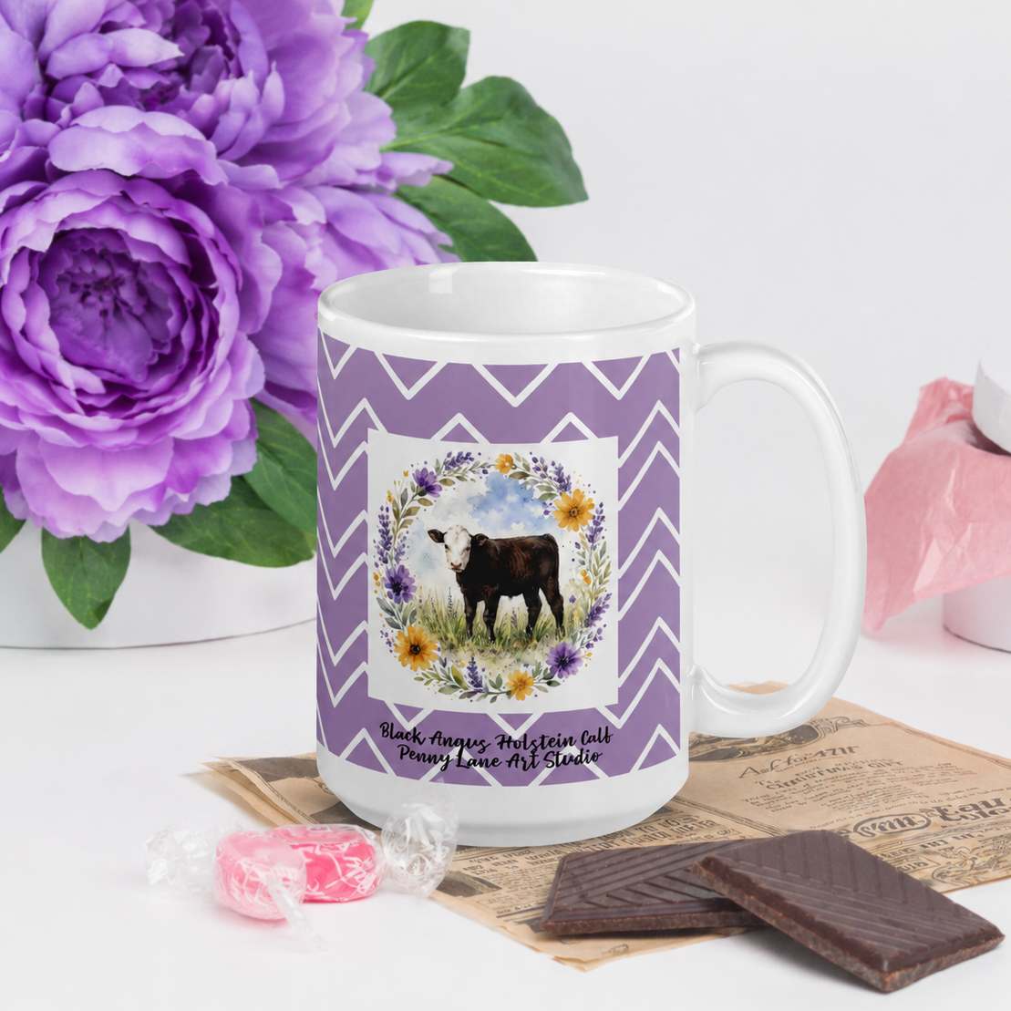 Watercolor Black Angus Holstein Mix Calf Geometric Floral Mug - 15oz