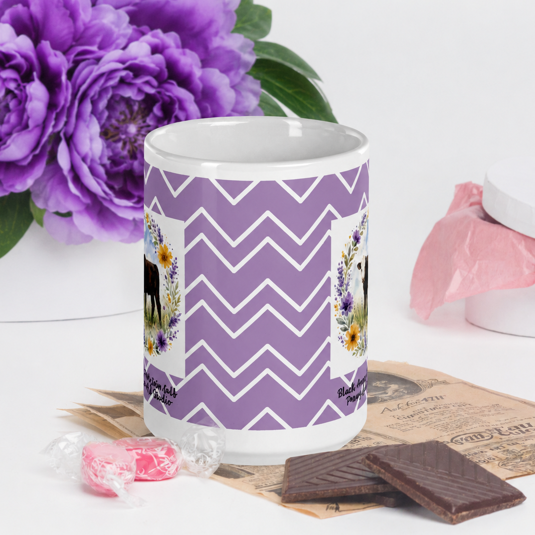 Watercolor Black Angus Holstein Mix Calf Geometric Floral Mug - 15oz