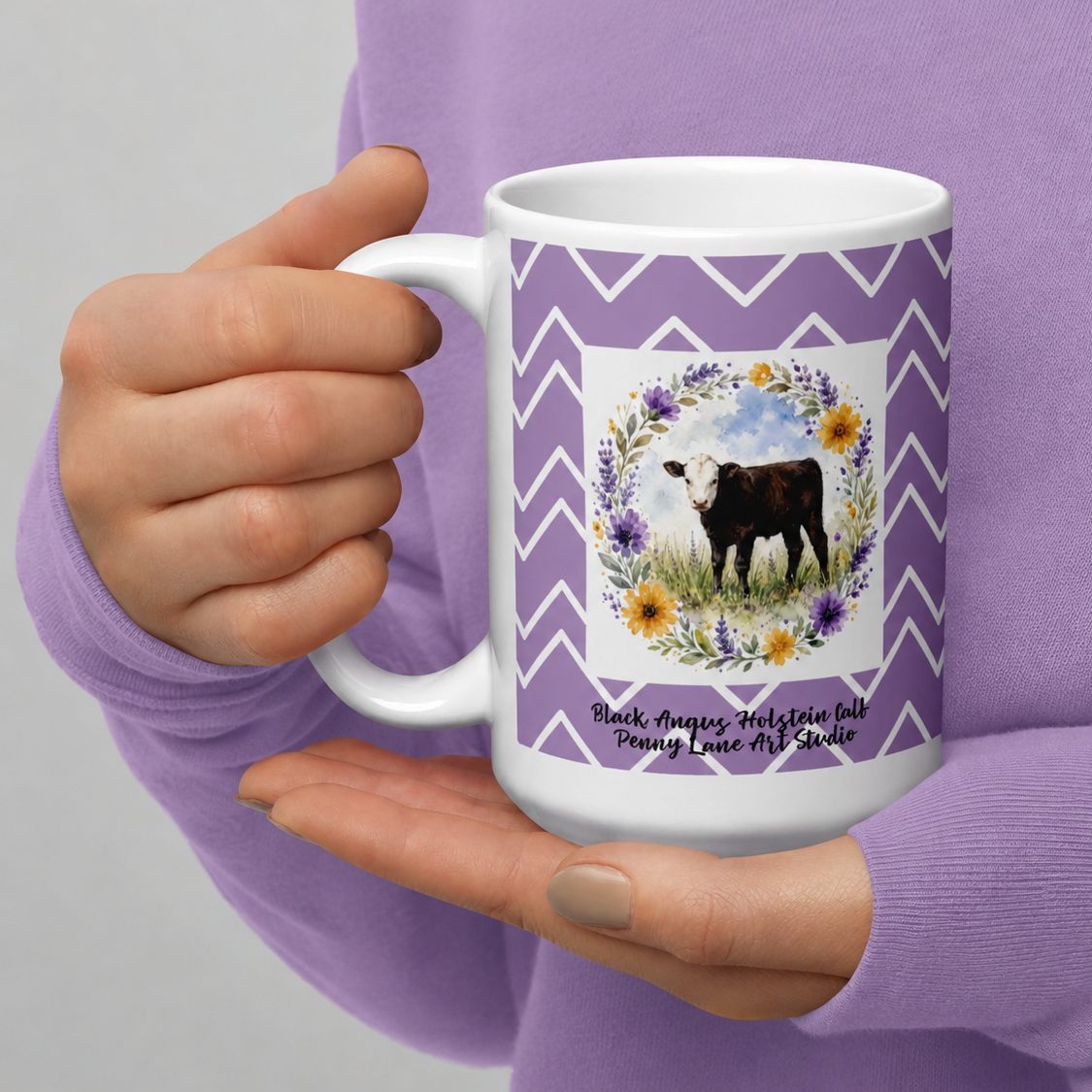 Watercolor Black Angus Holstein Mix Calf Geometric Floral Mug - 15oz