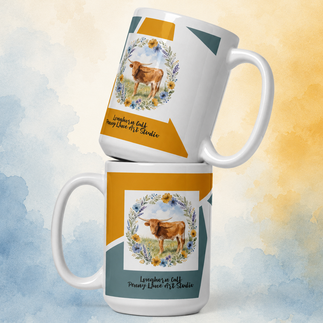 Watercolor Red Longhorn Calf Floral Wreath Glossy Mug - 15oz