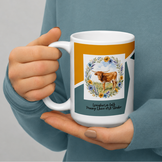 Watercolor Red Longhorn Calf Floral Wreath Glossy Mug - 15oz