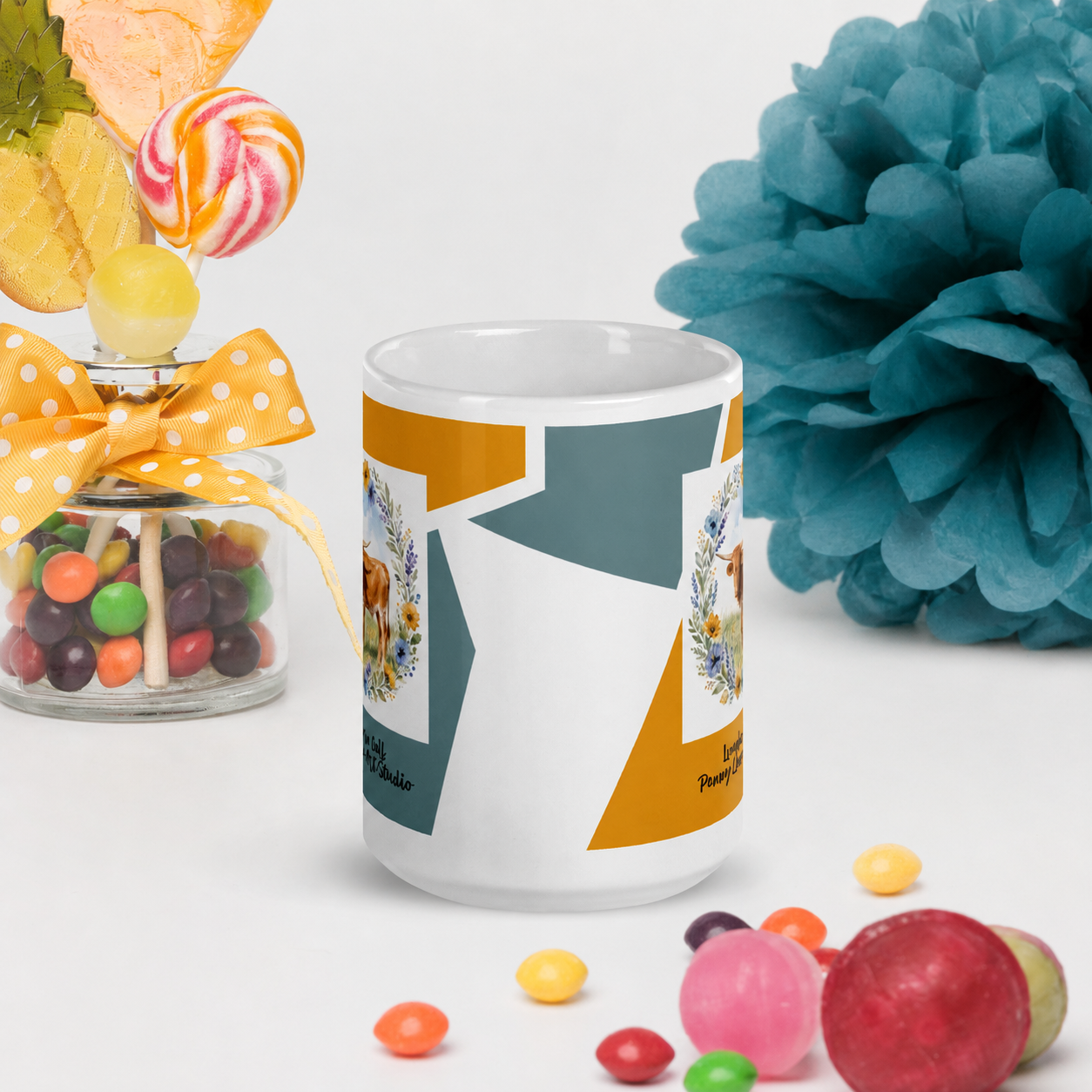 Watercolor Red Longhorn Calf Floral Wreath Glossy Mug - 15oz