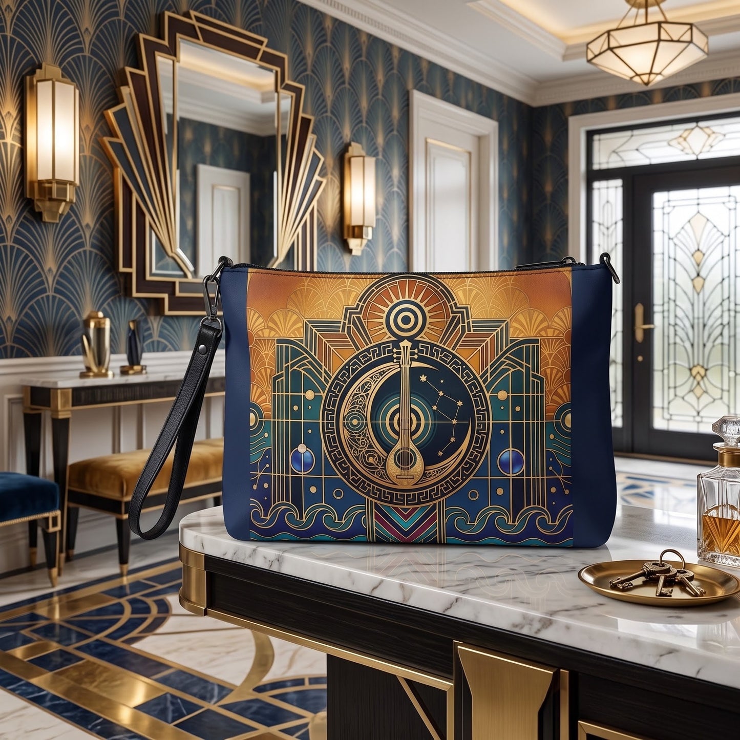 Art Deco Celestial Lute Artisan Crossbody Bag
