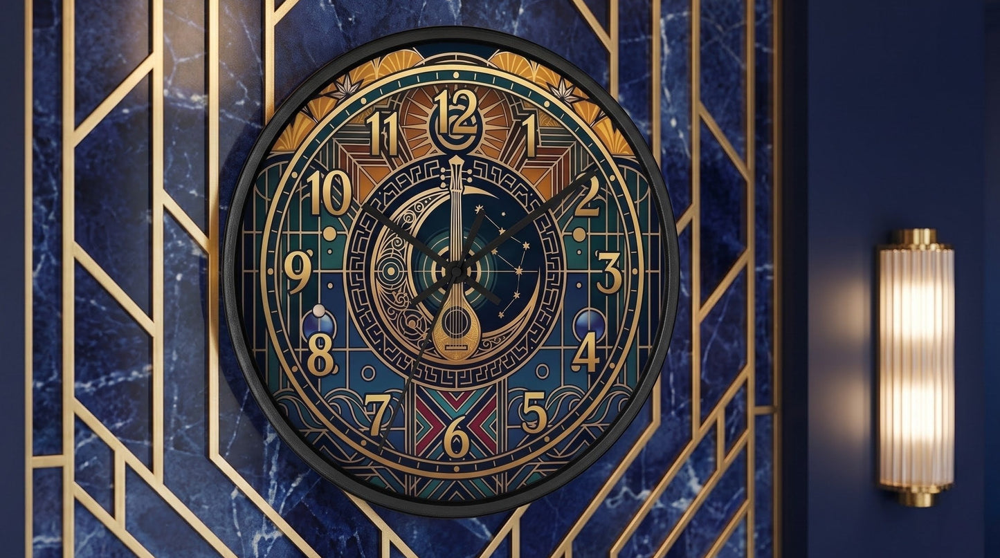 Midnight Celestial Lute: Golden Art Deco Wall Clock  (12-Hour Dial)