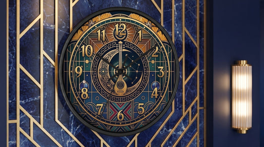 Midnight Celestial Lute: Golden Art Deco Wall Clock  (12-Hour Dial)