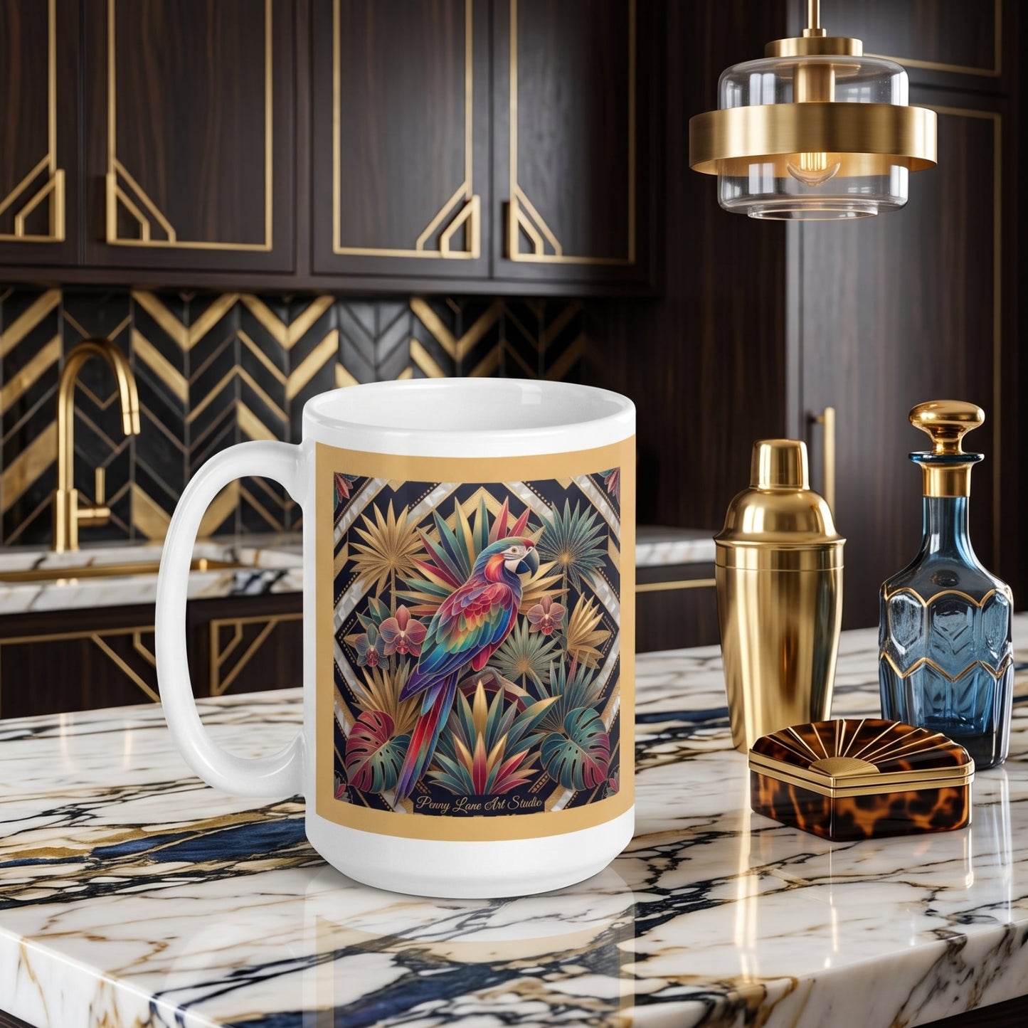 The 'Havana Gold Deco' 15 oz. Ceramic Art Mug – Tropical Elegance in Jewel Tones & Gold