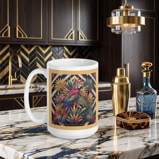 The 'Havana Gold Deco' 15 oz. Ceramic Art Mug – Tropical Elegance in Jewel Tones & Gold