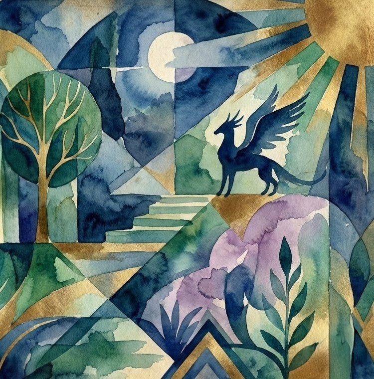 Abstract artwork with a winged Pegasus, trees, and geometric shapes in blue, green, and gold.