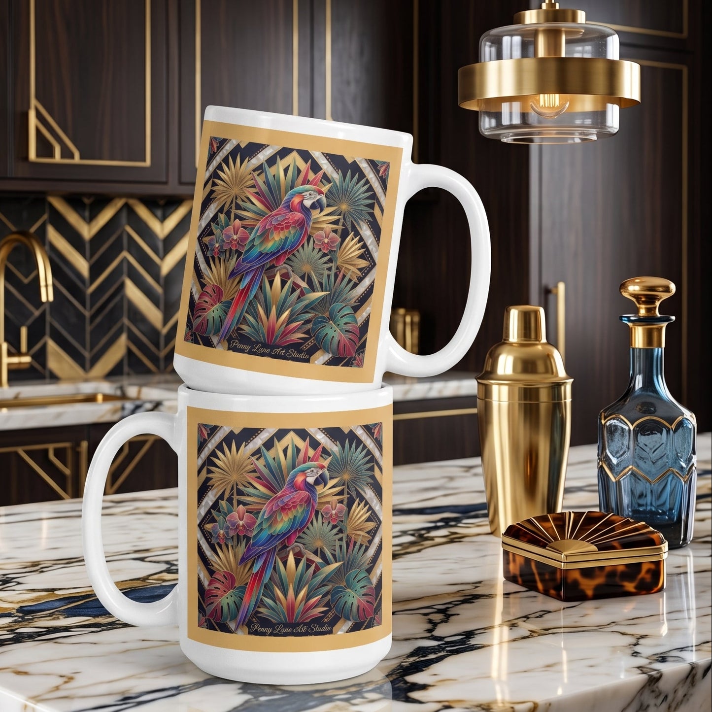 The 'Havana Gold Deco' 15 oz. Ceramic Art Mug – Tropical Elegance in Jewel Tones & Gold