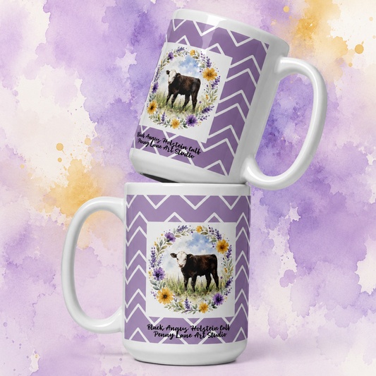 Watercolor Black Angus Holstein Mix Calf Geometric Floral Mug - 15oz
