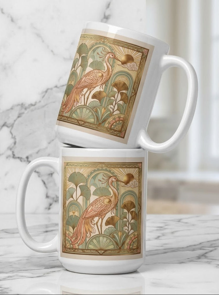 Sandshell Pink & Gold Art Deco Crane Ceramic Mug - 15 oz