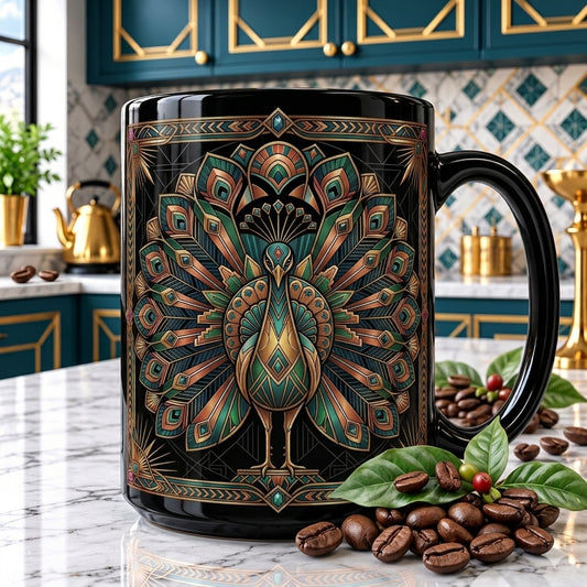 Art Deco Regal Peacock Black Ceramic Mug - 15 oz