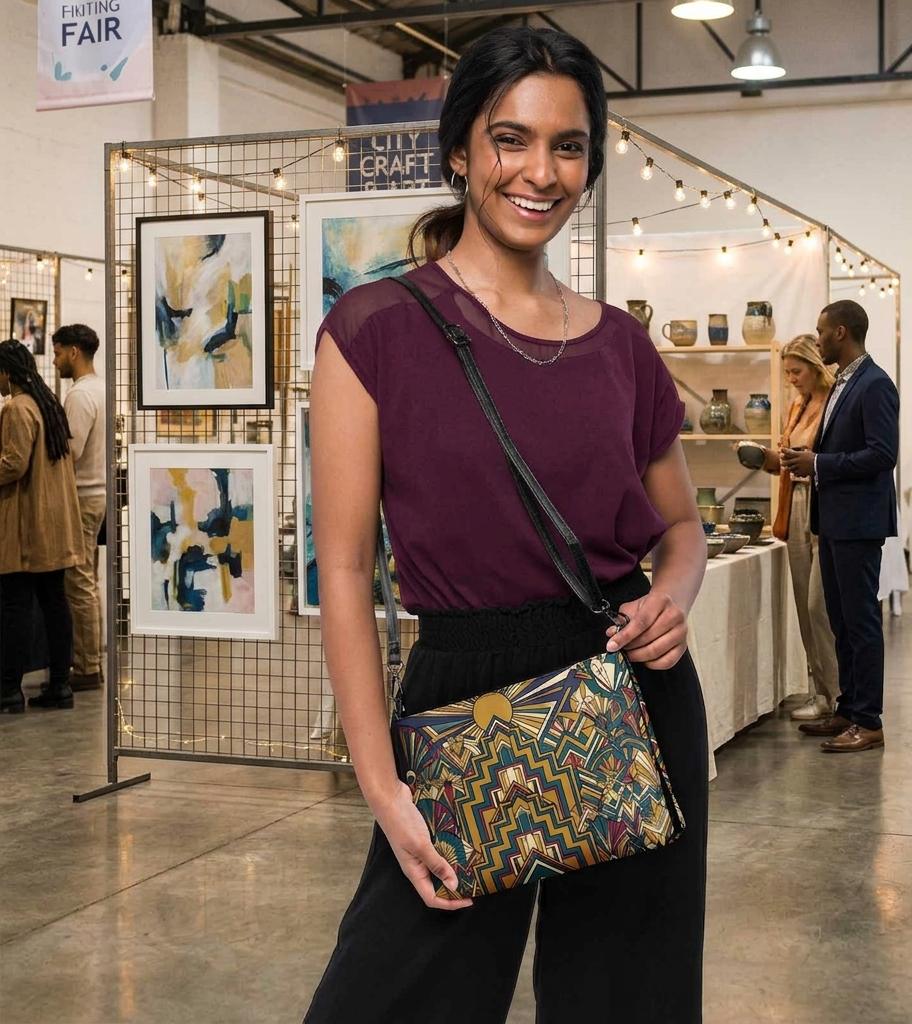 Golden Radiance Art Deco Crossbody Bag – Avant-Garde Geometric Statement Purse
