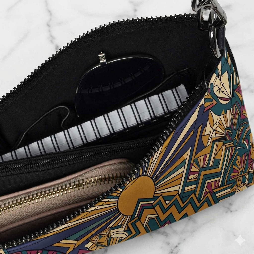 Golden Radiance Art Deco Crossbody Bag – Avant-Garde Geometric Statement Purse